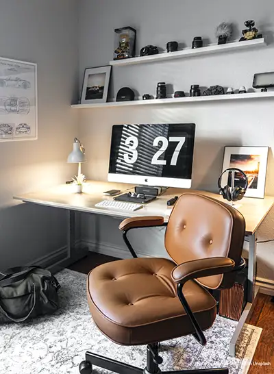Compact small space home office desk setup modern