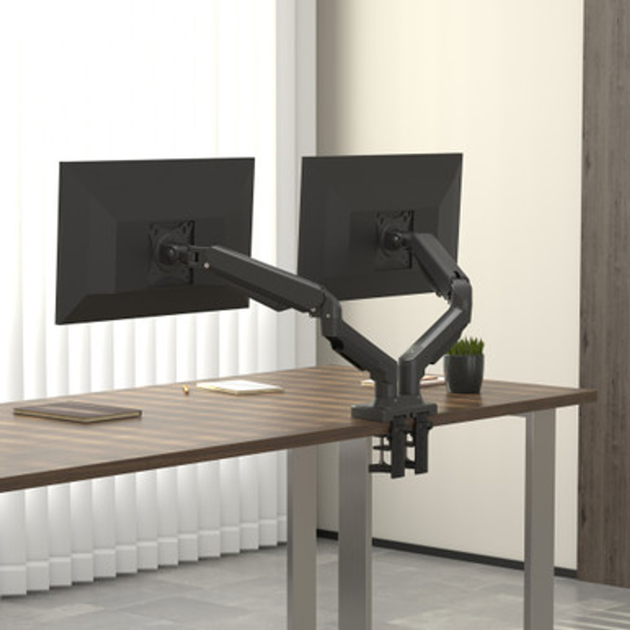 Dual monitor arm setup office desk