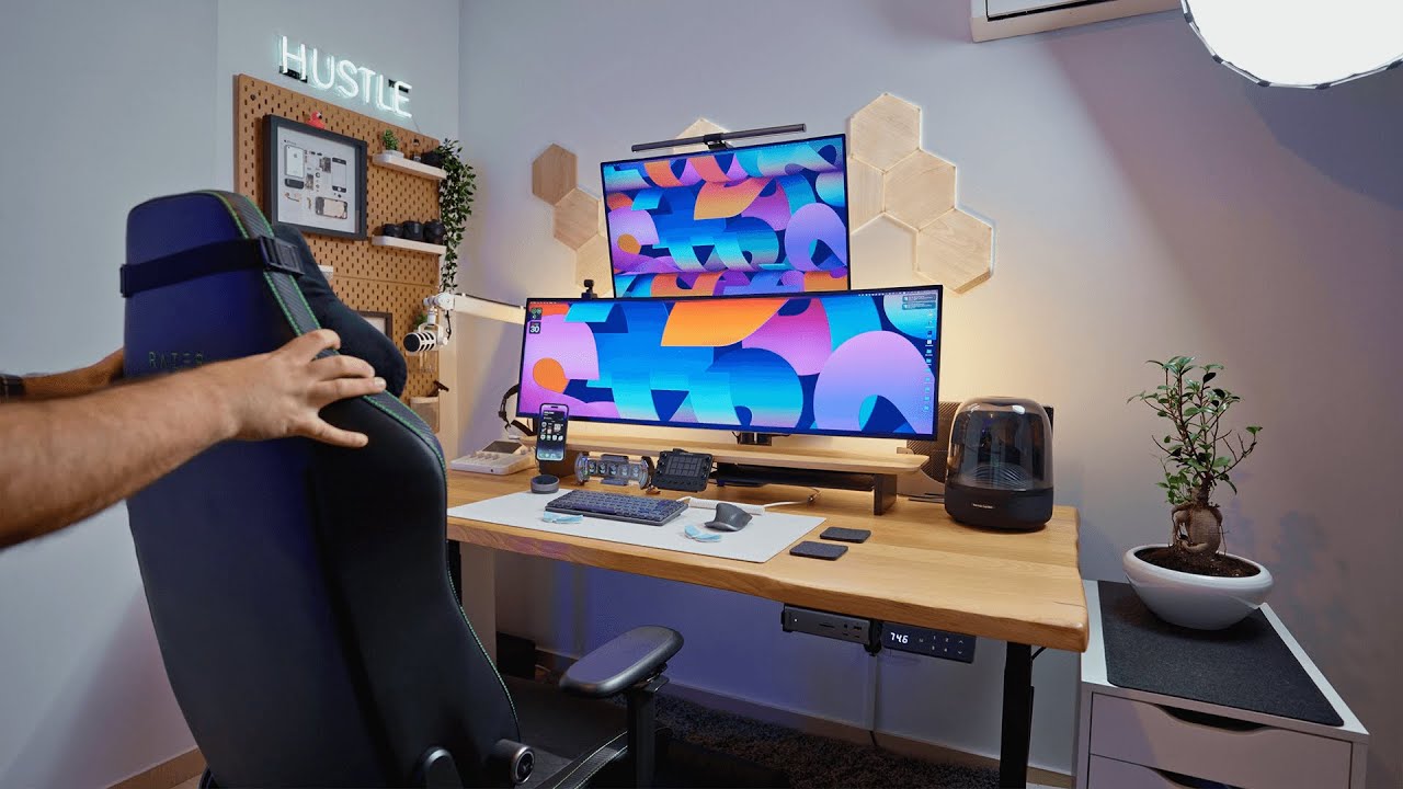 Modern dual monitor arm setup office workspace
