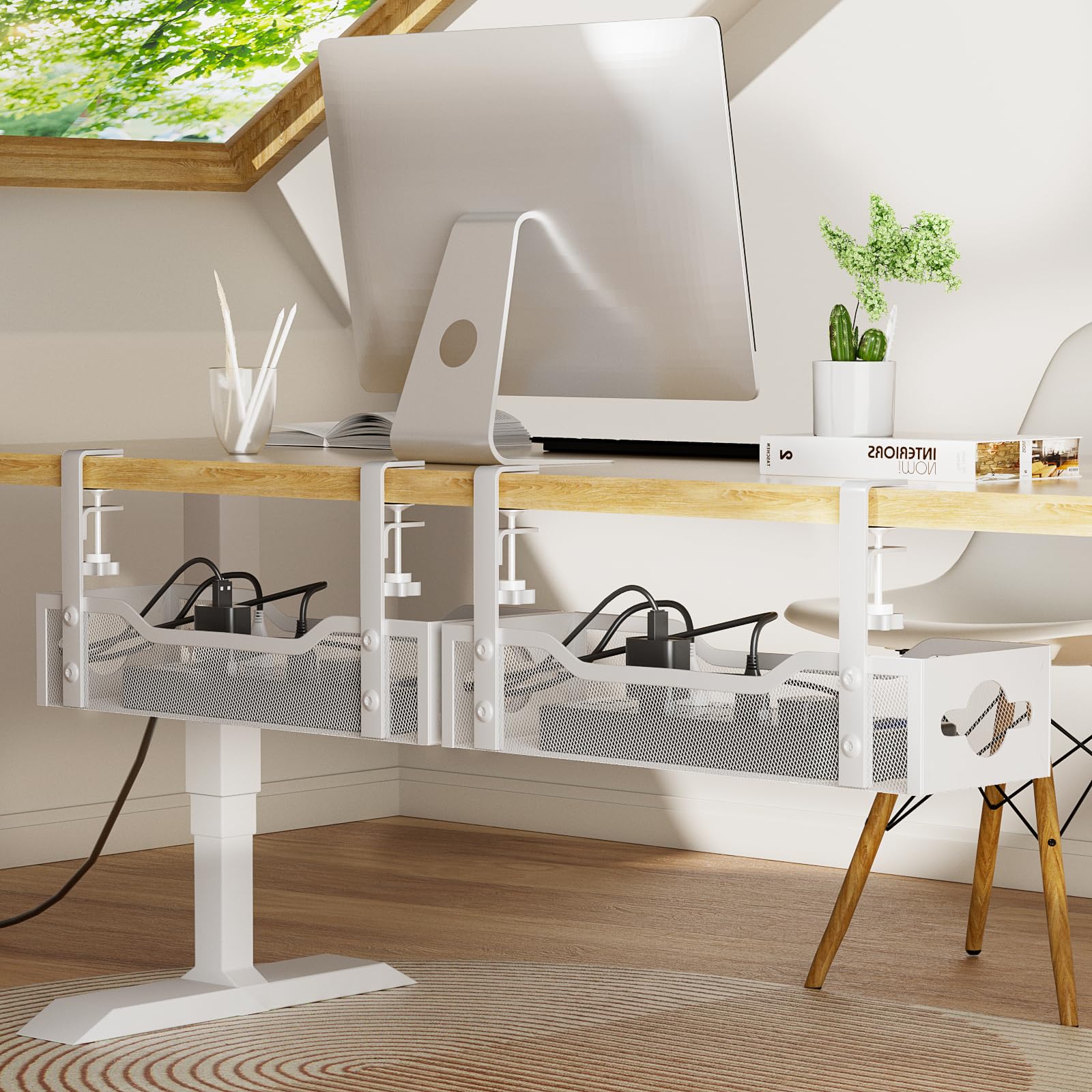 Modern under desk cable management tray office setup