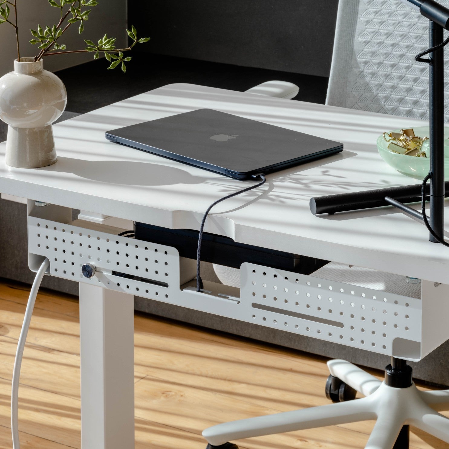 Under desk cable management white office desk organizer